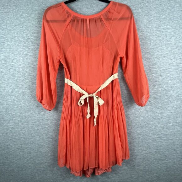 Free People Womens Dress Orange Chiffon 2 With Slip Sheer Boho 60s Lace Pleated - Picture 3 of 11